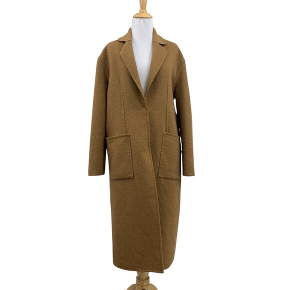 Topshop Coat Womens 8 Camel Wool Blend Snap Button Long Trench Pockets Blazer - Picture 1 of 13